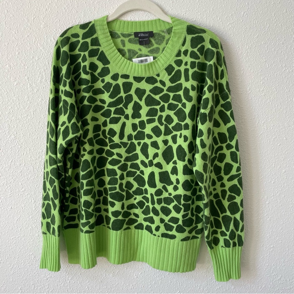 Pure Amici 100% Cashmere Kiwi Crew Animal Print Sweater One Size Colorful Luxury